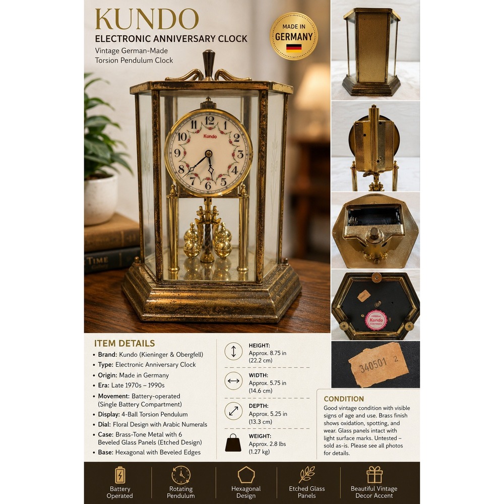 Kundo Electronic Anniversary Clock Vintage German Torsion Pendulum Brass Etched
